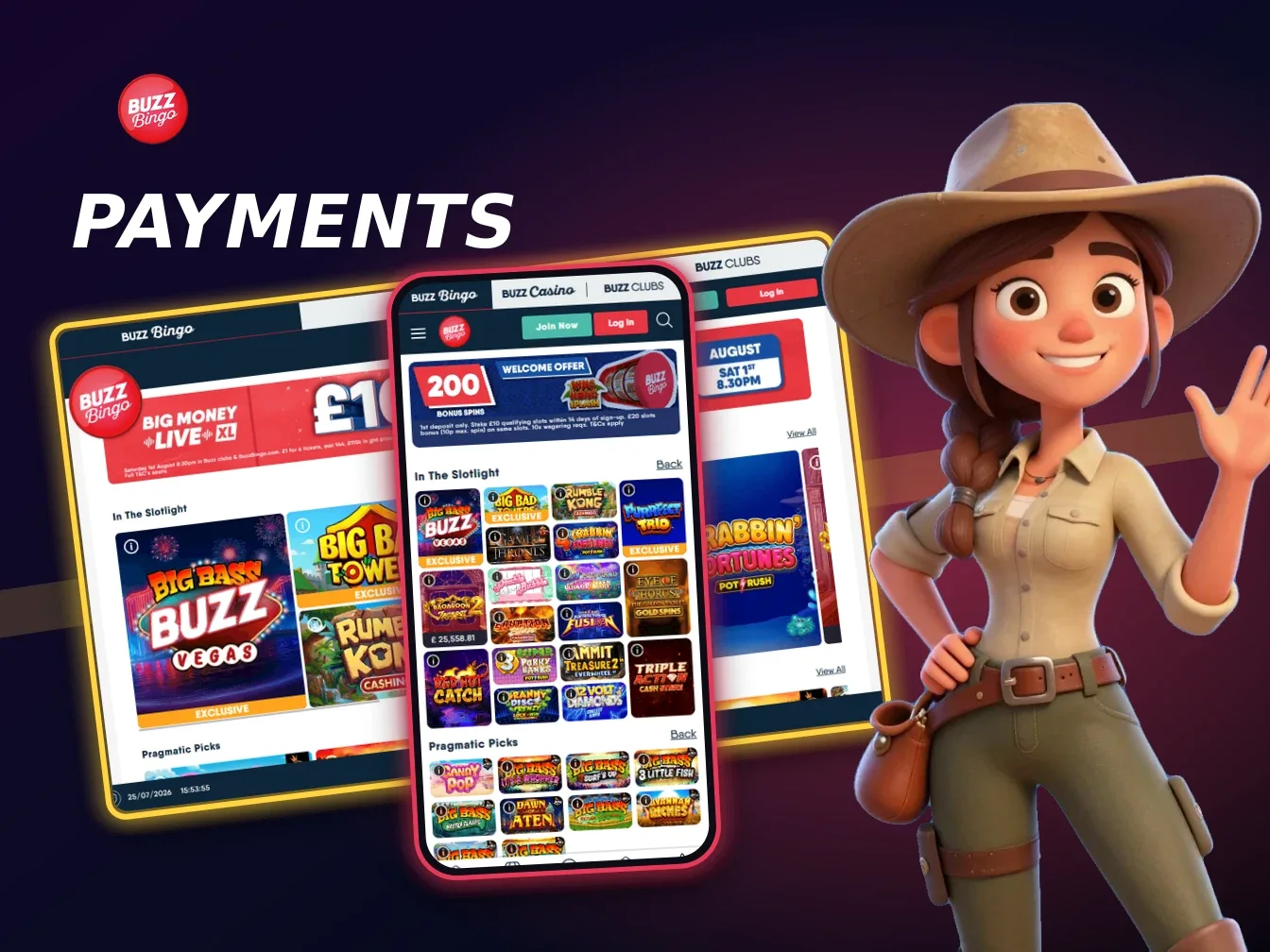 Buzz Bingo home screen with access to bingo, slots and account payments